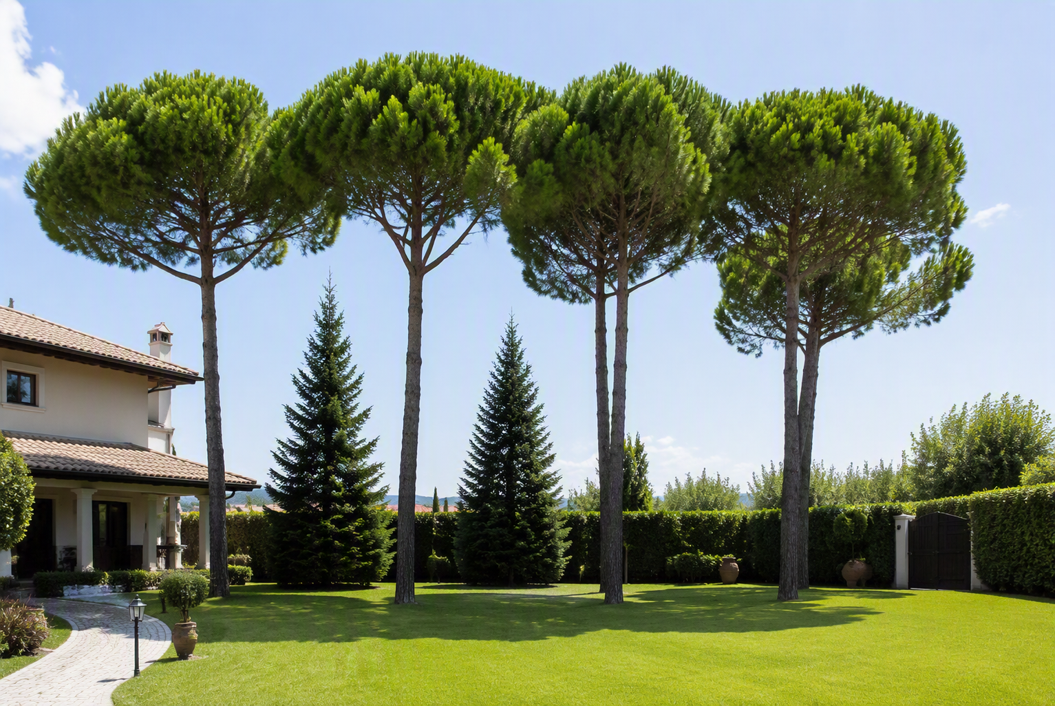 Giardino con grandi pini, conifere, prato verde e siepi accanto a una casa.